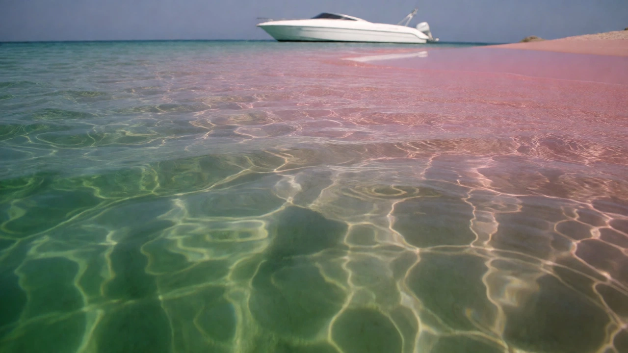 View of pink Spiaggia Rosa beach from a boat in Sardinia, Italy