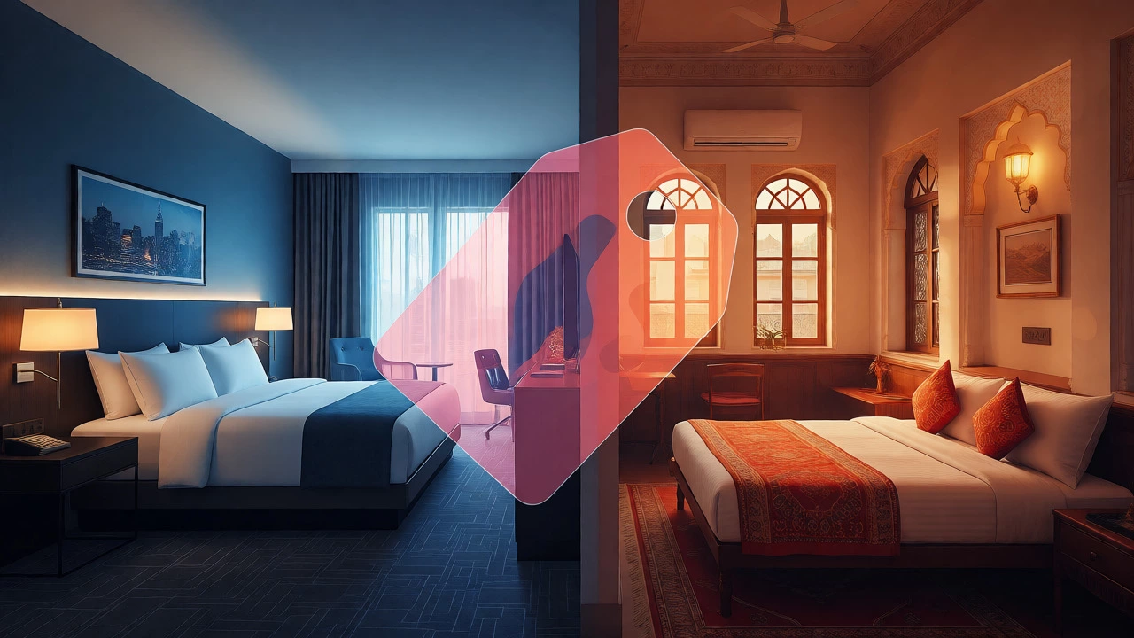 Comparison of luxury US hotel and cozy Indian heritage homestay interiors