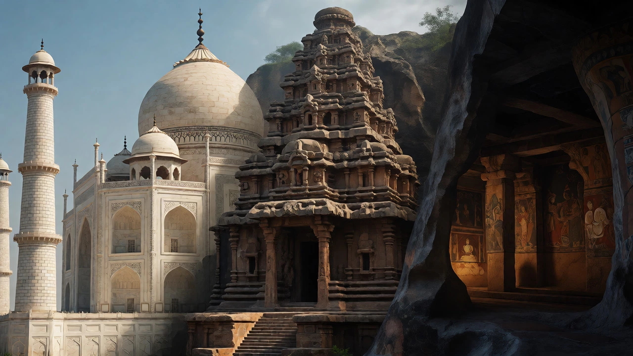Conceptual comparison of Taj Mahal, Ellora Caves, and Ajanta Caves heritage sites