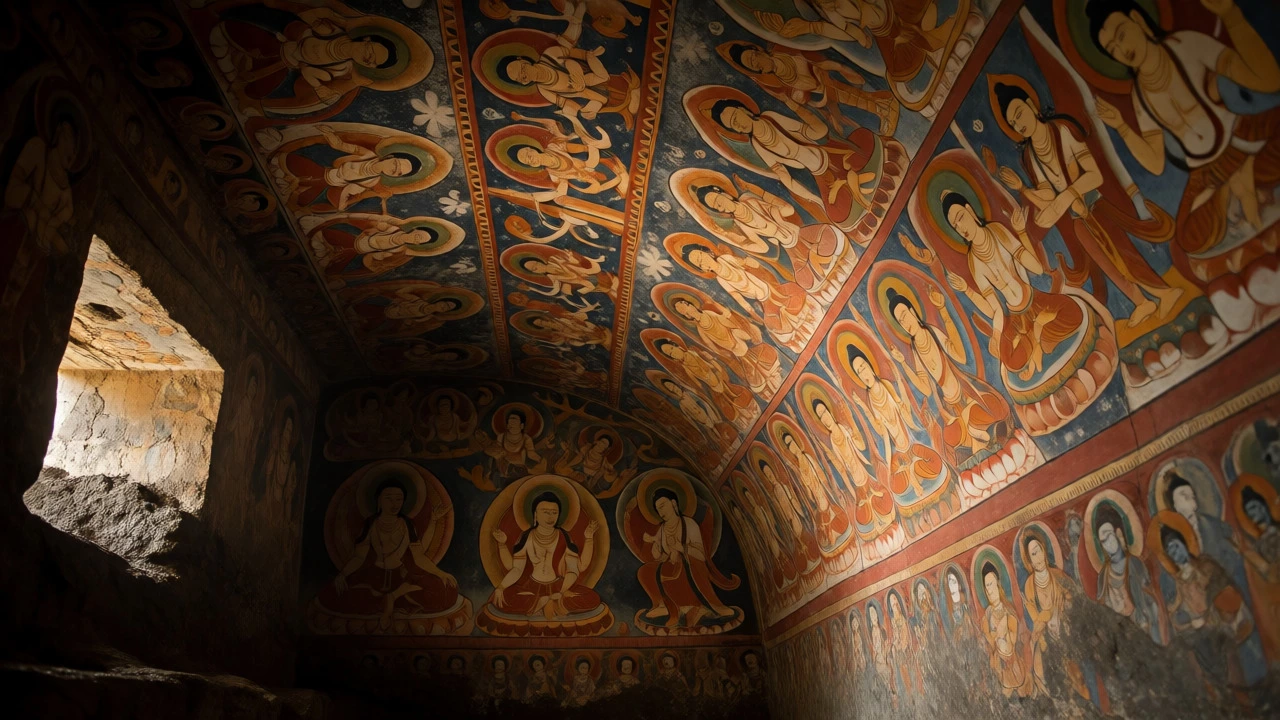 Detailed ancient Buddhist murals on the ceiling inside the Ajanta Caves
