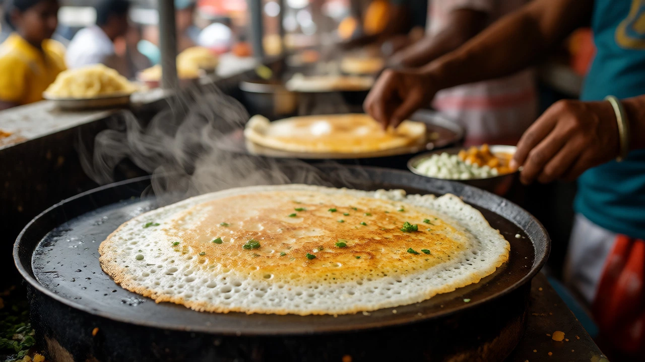 Freshly cooked dosa on a hot griddle at a busy Indian street food stall with steam rising.