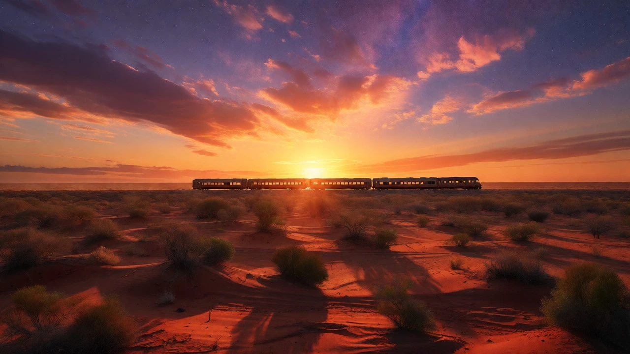Ghan train traversing red Australian Outback during colorful sunset