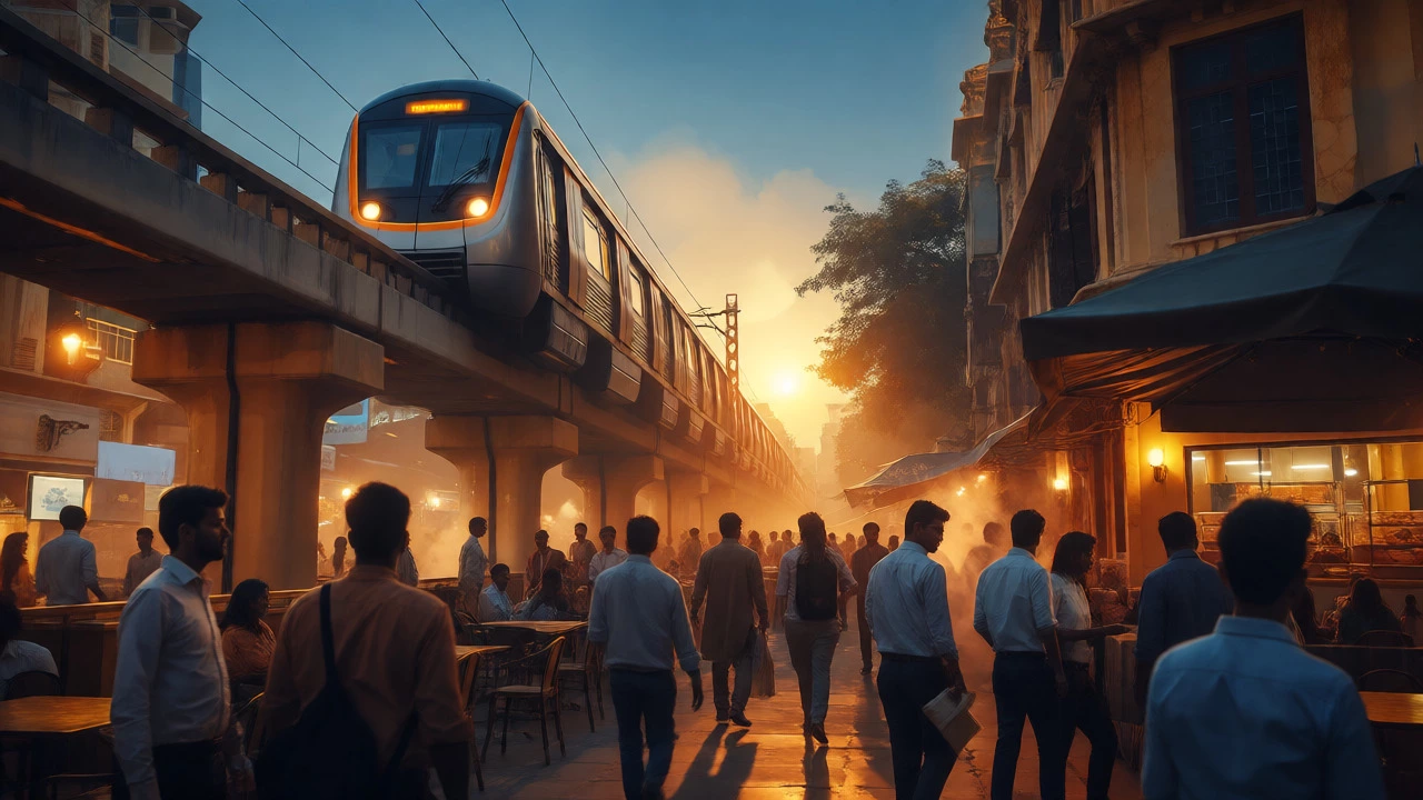 Hyderabad cityscape blending modern metro transit with warm evening light