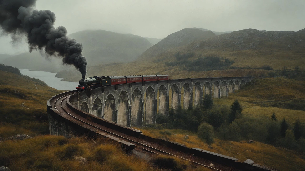 Jacobite steam train crossing Glenfinnan Viaduct in misty Scottish Highlands
