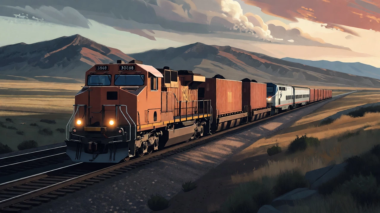 Large freight train blocking tracks while a small passenger train waits in American landscape