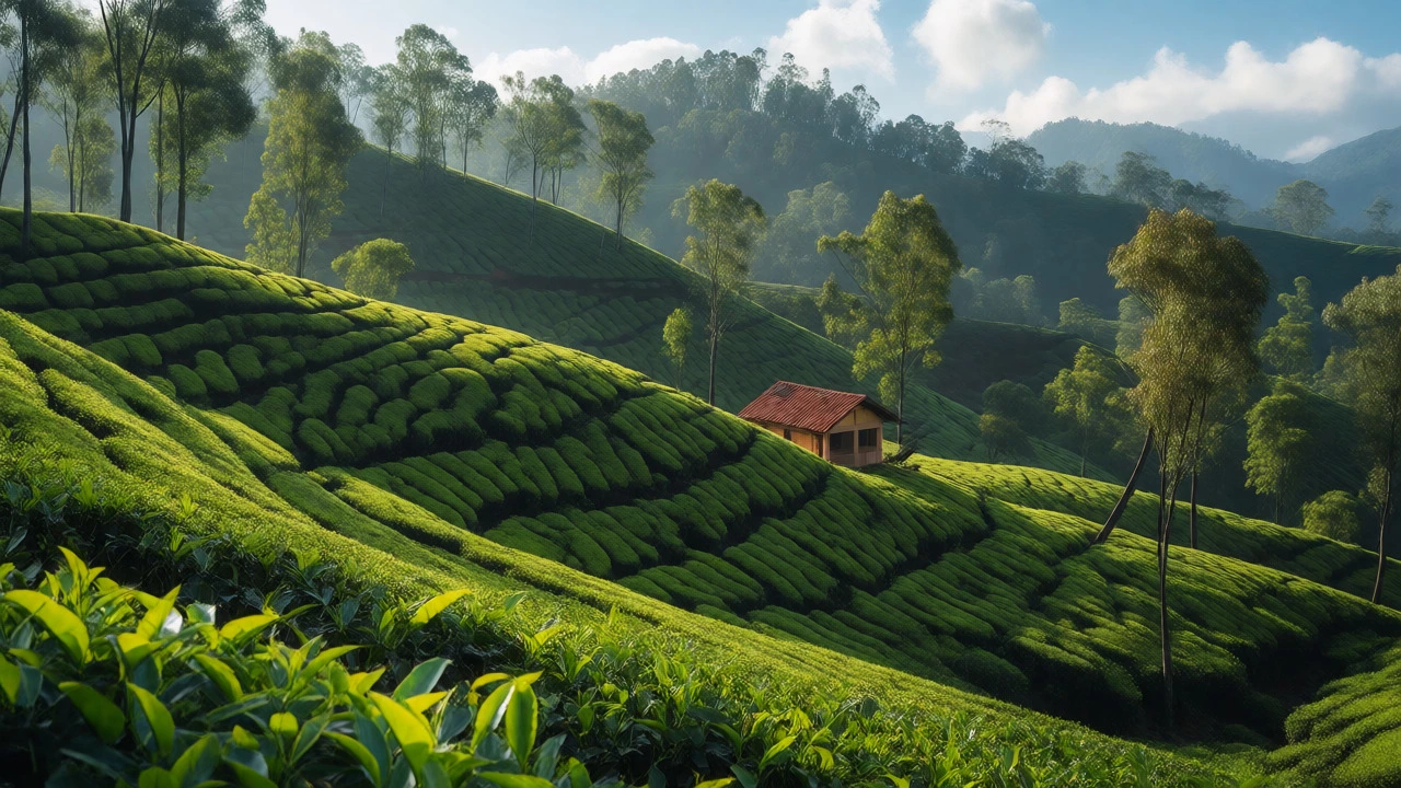 Lush green tea plantations rolling over hills in Munnar, Kerala