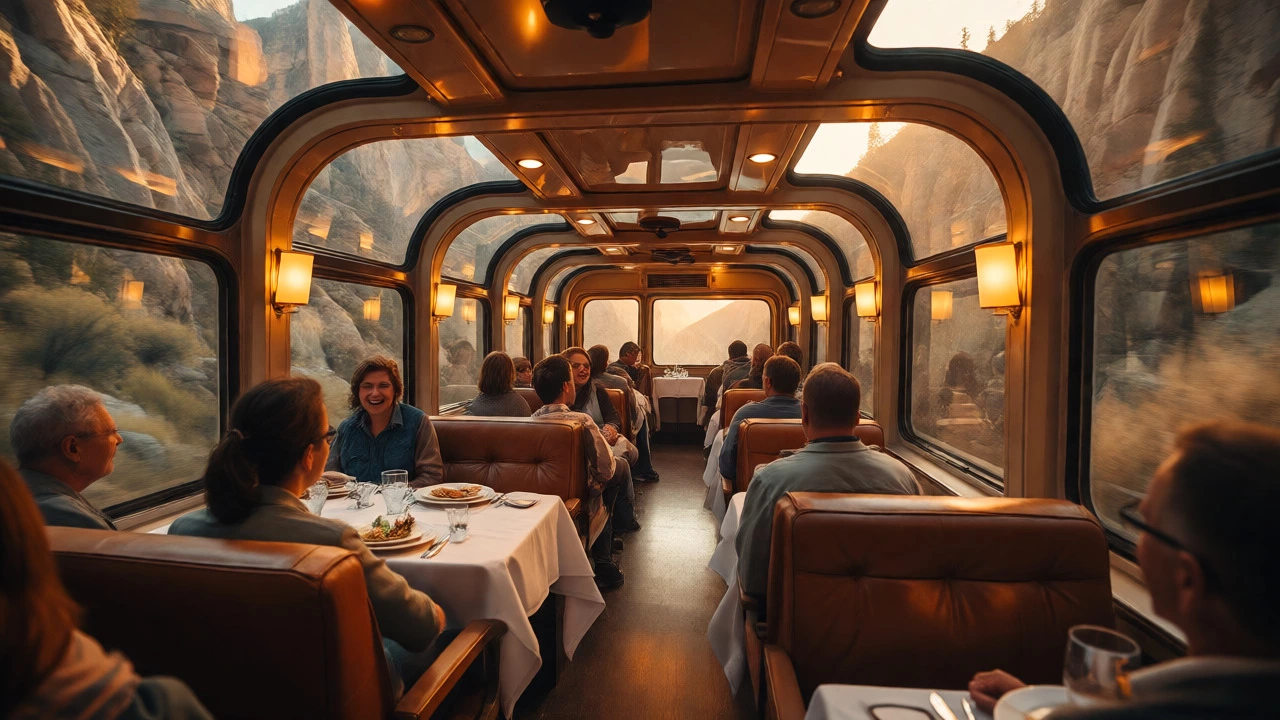 Luxury train passengers enjoying scenic views from glass-domed observation car