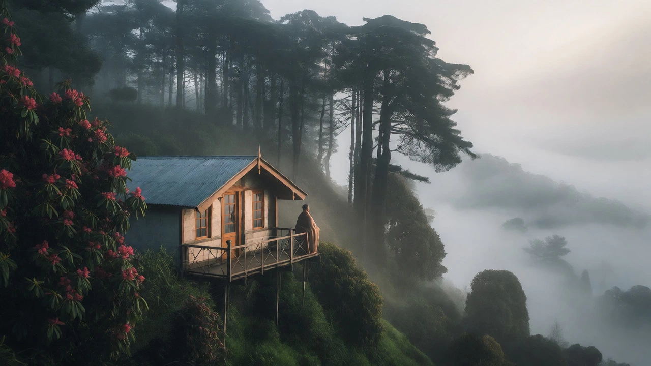 Misty mountain cottage in Himalayan hills with person enjoying the view