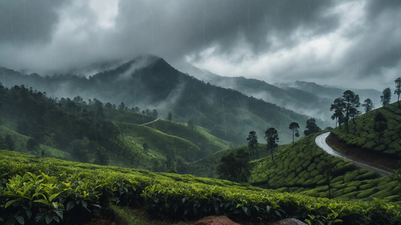 Misty tea plantations in the Western Ghats during heavy August monsoon rains