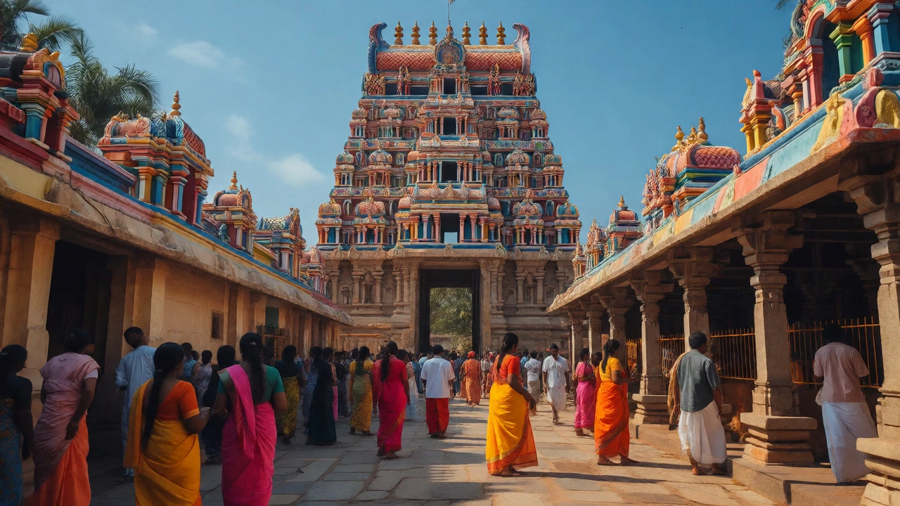 Pilgrims visiting the colorful Meenakshi Temple in Madurai under a clear November sky