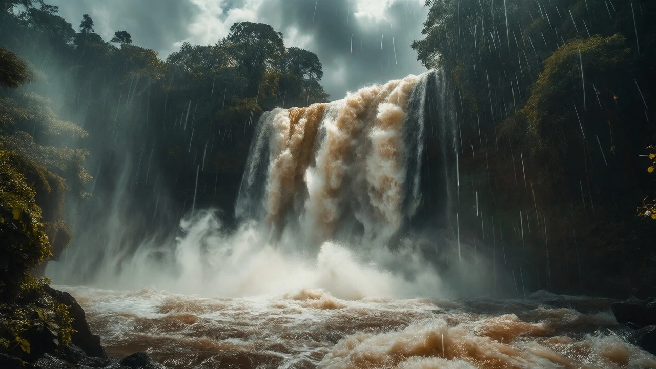 Powerful monsoon waterfall cascading through dense rainforest in Kerala, India.