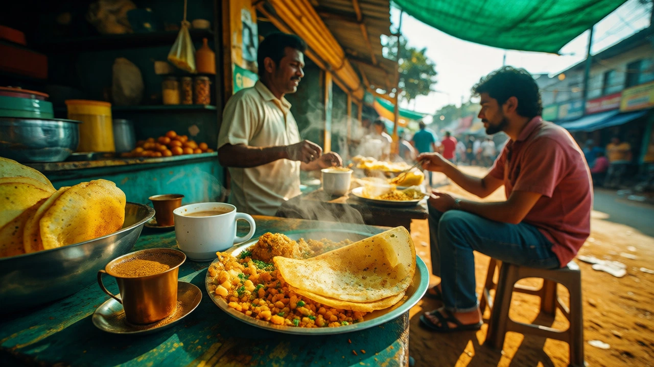 Tourist enjoying affordable dosas and coffee at a local Indian street stall