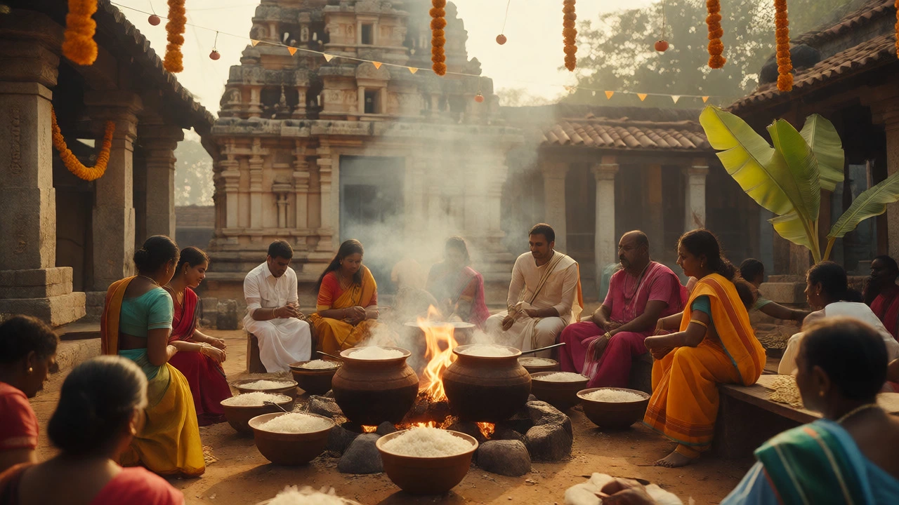 Traditional Pongal harvest festival celebration near a temple in Tamil Nadu, India.