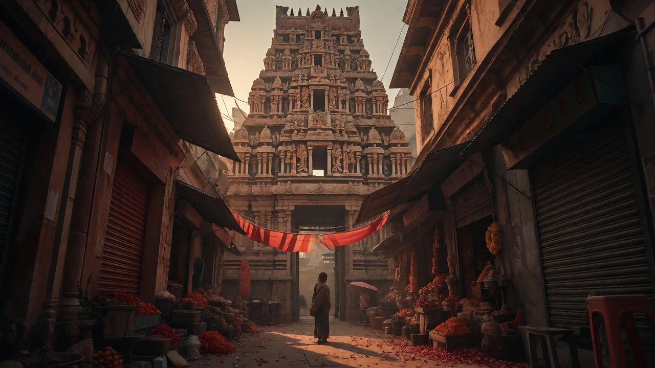 Traveler walking through a quiet Madurai lane near an ornate temple tower during golden hour.