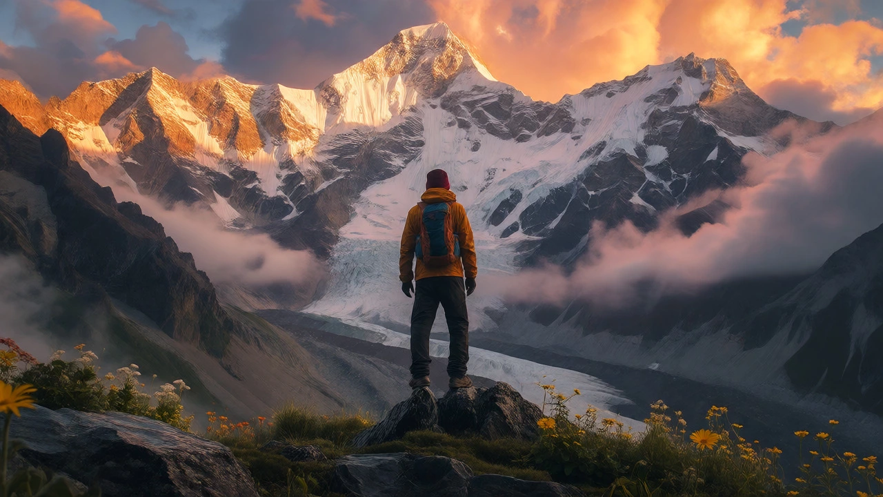 Trekker viewing snow-capped Garhwal Himalayas in Uttarakhand